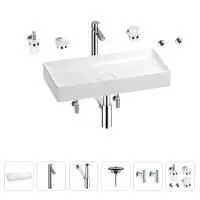 Раковина для ванной Wellsee Pure BY Wellsee 201006451 в наборе 9 в 1: раковина белого глянцевого цвета, высокий смеситель, сифон, выпуск, угловые вентили, аксессуары (цвет хром)