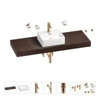 Раковина 43 см со столешницей 140 см Wellsee Graceful Pro 201012369 в наборе 10 в 1: столешница, раковина, смеситель, сифон, донный клапан, угловые вентили, аксессуары (цвет розовое золото)