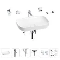 Раковина для ванной Wellsee Croquis 201005631 в наборе 9 в 1: раковина белого глянцевого цвета, высокий смеситель, сифон, выпуск, угловые вентили, аксессуары (цвет хром)