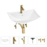 Раковина для ванной Wellsee Cerulean 201004688 в наборе 5 в 1: раковина белого глянцевого цвета, смеситель, сифон, выпуск, угловые вентили (цвет набора золото)
