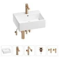 Раковина для ванной Wellsee Graceful Pro 201004624 в наборе 5 в 1: раковина белого глянцевого цвета, смеситель, сифон, донный клапан, угловые вентили (цвет набора розовое золото)