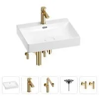 Раковина для ванной Wellsee DeSire 201005518 в наборе 5 в 1: раковина белого глянцевого цвета, смеситель, сифон, выпуск, угловые вентили (цвет набора золото)
