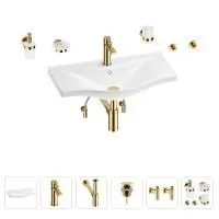 Раковина для ванной Wellsee Bisou 201007358 в наборе 9 в 1: раковина белого глянцевого цвета, смеситель, сифон, донный клапан, угловые вентили, аксессуары (цвет набора золото)