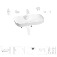 Раковина для ванной Wellsee Croquis 2.0 201005845 в наборе 9 в 1: раковина белого глянцевого цвета, смеситель, сифон, выпуск, угловые вентили, аксессуары (цвет набора матовый белый)