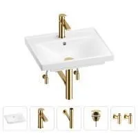 Раковина для ванной Wellsee FreeDom 201004798 в наборе 5 в 1: раковина белого глянцевого цвета, смеситель, сифон, донный клапан, угловые вентили (цвет набора золото)