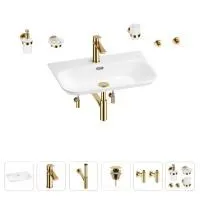 Раковина для ванной Wellsee Eclatant 2.0 201007533 в наборе 9 в 1: раковина белого глянцевого цвета, смеситель, сифон, донный клапан, угловые вентили, аксессуары (цвет набора золото)