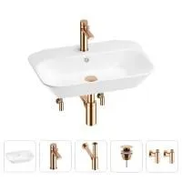 Раковина для ванной Wellsee Eclatant 201005384 в наборе 5 в 1: раковина белого глянцевого цвета, смеситель, сифон, донный клапан, угловые вентили (цвет набора розовое золото)
