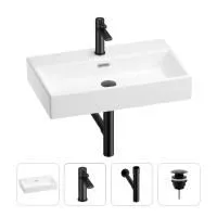 Раковина для ванной Wellsee Graceful Pro 201002977 в наборе 4 в 1: раковина белого глянцевого цвета, смеситель, сифон, донный клапан (цвет набора матовый черный)