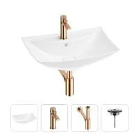 Раковина для ванной Wellsee Cerulean 201003009 в наборе 4 в 1: раковина белого глянцевого цвета, смеситель, сифон, выпуск (цвет набора розовое золото)