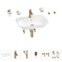 Раковина для ванной Wellsee Eclatant 201007454 в наборе 9 в 1: раковина белого глянцевого цвета, смеситель, сифон, донный клапан, угловые вентили, аксессуары (цвет набора розовое золото)