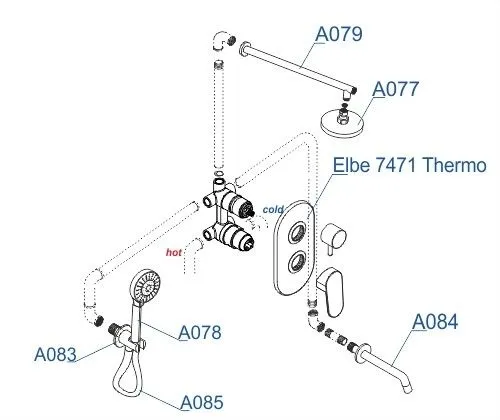 A177471 Встраиваемый комплект для ванны WasserKRAFT с верхней душевой насадкой, лейкой и изливом