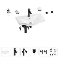 Раковина для ванной Wellsee Bisou 201007242 в наборе 9 в 1: раковина белого глянцевого цвета, смеситель, сифон, донный клапан, угловые вентили, аксессуары (цвет набора матовый черный)