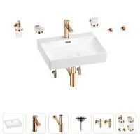 Раковина для ванной Wellsee DeSire 201007554 в наборе 9 в 1: раковина белого глянцевого цвета, смеситель, сифон, выпуск, угловые вентили, аксессуары (цвет набора розовое золото)