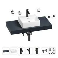 Раковина 43 см со столешницей 100 см Wellsee Graceful Pro 201012222 в наборе 10 в 1: столешница, раковина, смеситель, сифон, донный клапан, угловые вентили, аксессуары (цвет матовый черный)