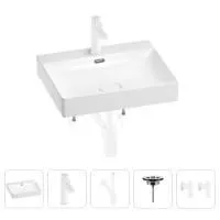 Раковина для ванной Wellsee DeSire 201005495 в наборе 5 в 1: раковина белого глянцевого цвета, смеситель, сифон, выпуск, угловые вентили (цвет набора матовый белый)