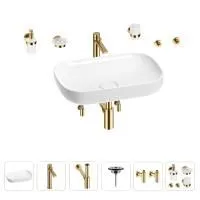 Раковина для ванной Wellsee Croquis 201005633 в наборе 9 в 1: раковина белого глянцевого цвета, высокий смеситель, сифон, выпуск, угловые вентили, аксессуары (цвет золото)