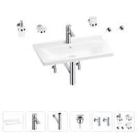 Раковина для ванной Wellsee FreeDom 201007021 в наборе 9 в 1: раковина белого глянцевого цвета, смеситель, сифон, донный клапан, угловые вентили, аксессуары (цвет набора хром)