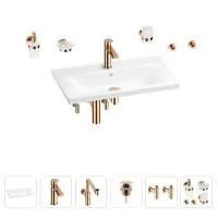 Раковина для ванной Wellsee FreeDom 201007044 в наборе 9 в 1: раковина белого глянцевого цвета, смеситель, сифон, донный клапан, угловые вентили, аксессуары (цвет набора розовое золото)