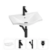 Раковина для ванной Wellsee Bisou 201003482 в наборе 4 в 1: раковина белого глянцевого цвета, смеситель, сифон, донный клапан (цвет набора матовый черный)