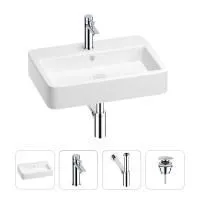 Раковина для ванной Wellsee Halcyon 201002806 в наборе 4 в 1: раковина белого глянцевого цвета, смеситель, сифон, донный клапан (цвет набора хром)
