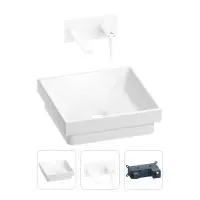 Раковина для ванной Wellsee Doux 201000650 в наборе 2 в 1: квадратная раковина белого глянцевого цвета, встраиваемый смеситель в цвете матовый белый