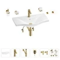 Раковина для ванной Wellsee Bisou 201007408 в наборе 9 в 1: раковина белого глянцевого цвета, смеситель, сифон, донный клапан, угловые вентили, аксессуары (цвет набора золото)