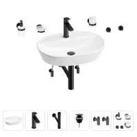 Раковина для ванной Wellsee Calin 201005597 в наборе 9 в 1: раковина белого глянцевого цвета, смеситель, сифон, донный клапан, угловые вентили, аксессуары (цвет набора матовый черный)