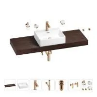 Раковина 50 см со столешницей 140 см Wellsee Graceful Pro 201012604 в наборе 10 в 1: столешница, раковина, смеситель, сифон, донный клапан, угловые вентили, аксессуары (цвет розовое золото)