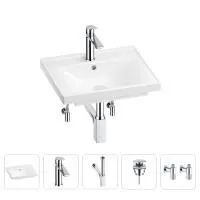Раковина для ванной Wellsee FreeDom 201004736 в наборе 5 в 1: раковина белого глянцевого цвета, смеситель, сифон, донный клапан, угловые вентили (цвет набора хром)