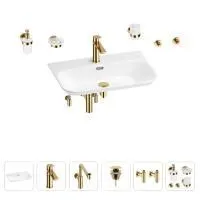 Раковина для ванной Wellsee Eclatant 2.0 201007543 в наборе 9 в 1: раковина белого глянцевого цвета, смеситель, сифон, донный клапан, угловые вентили, аксессуары (цвет набора золото)