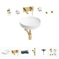 Раковина для ванной Wellsee Chalice Perfection 201006163 в наборе 8 в 1: раковина белого глянцевого цвета, встраиваемый смеситель, сифон, выпуск, аксессуары (цвет набора золото)