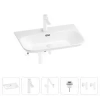 Раковина для ванной Wellsee Eclatant 2.0 201005475 в наборе 5 в 1: раковина белого глянцевого цвета, смеситель, сифон, донный клапан, угловые вентили (цвет набора матовый белый)