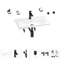 Раковина для ванной Wellsee FreeDom 201007012 в наборе 9 в 1: раковина белого глянцевого цвета, смеситель, сифон, донный клапан, угловые вентили, аксессуары (цвет набора матовый черный)