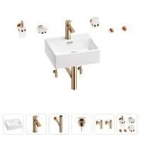 Раковина для ванной Wellsee Graceful Pro 201006624 в наборе 9 в 1: раковина белого глянцевого цвета, смеситель, сифон, донный клапан, угловые вентили, аксессуары (цвет набора розовое золото)