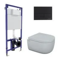 Комплект BERGES для монтажа  подвесного унитаза: инсталляция NOVUM525, кнопка L5 SoftTouch черная, унитаз EGO Rimless 49см, сиденье дюропласт Toma SO, микролифт, быстросъем