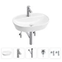 Раковина для ванной Wellsee Calin 201003921 в наборе 5 в 1: раковина белого глянцевого цвета, смеситель, сифон, донный клапан, угловые вентили (цвет набора хром)