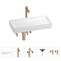 Раковина для ванной Wellsee Pure BY Wellsee 201004469 в наборе 5 в 1: раковина белого глянцевого цвета, высокий смеситель, сифон, выпуск, угловые вентили (цвет набора розовое золото)