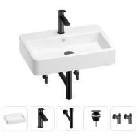 Раковина для ванной Wellsee Halcyon 201004497 в наборе 5 в 1: раковина белого глянцевого цвета, смеситель, сифон, донный клапан, угловые вентили (цвет набора матовый черный)
