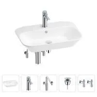 Раковина для ванной Wellsee Eclatant 201005421 в наборе 5 в 1: раковина белого глянцевого цвета, смеситель, сифон, донный клапан, угловые вентили (цвет набора хром)