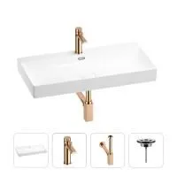 Раковина для ванной Wellsee Bromance 201003869 в наборе 4 в 1: раковина белого глянцевого цвета, смеситель, сифон, выпуск (цвет набора розовое золото)