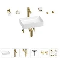 Раковина для ванной Wellsee Pure BY Wellsee 201006278 в наборе 9 в 1: раковина белого глянцевого цвета, высокий смеситель, сифон, выпуск, угловые вентили, аксессуары (цвет золото)