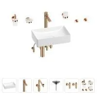 Раковина для ванной Wellsee Pure BY Wellsee 201006339 в наборе 9 в 1: раковина белого глянцевого цвета, высокий смеситель, сифон, выпуск, угловые вентили, аксессуары (цвет розовое золото)