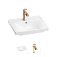 Раковина для ванной Wellsee FreeDom 201000809 в наборе 2 в 1: прямоугольная раковина белого глянцевого цвета, смеситель в цвете розовое золото