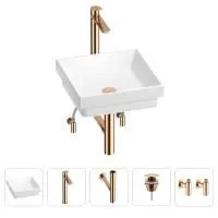 Раковина для ванной Wellsee Doux 201004174 в наборе 5 в 1: раковина белого глянцевого цвета, высокий смеситель, сифон, донный клапан, угловые вентили (цвет набора розовое золото)