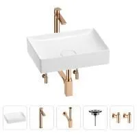Раковина для ванной Wellsee Pure BY Wellsee 201004389 в наборе 5 в 1: раковина белого глянцевого цвета, высокий смеситель, сифон, выпуск, угловые вентили (цвет набора розовое золото)