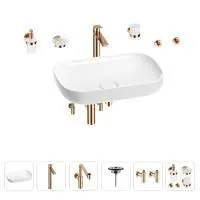 Раковина для ванной Wellsee Croquis 201005709 в наборе 9 в 1: раковина белого глянцевого цвета, высокий смеситель, сифон, выпуск, угловые вентили, аксессуары (цвет розовое золото)