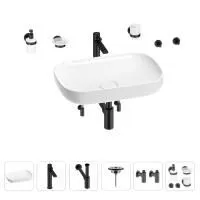 Раковина для ванной Wellsee Croquis 201005632 в наборе 9 в 1: раковина белого глянцевого цвета, высокий смеситель, сифон, выпуск, угловые вентили, аксессуары (цвет матовый черный)