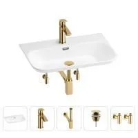 Раковина для ванной Wellsee Eclatant 2.0 201005438 в наборе 5 в 1: раковина белого глянцевого цвета, смеситель, сифон, донный клапан, угловые вентили (цвет набора золото)